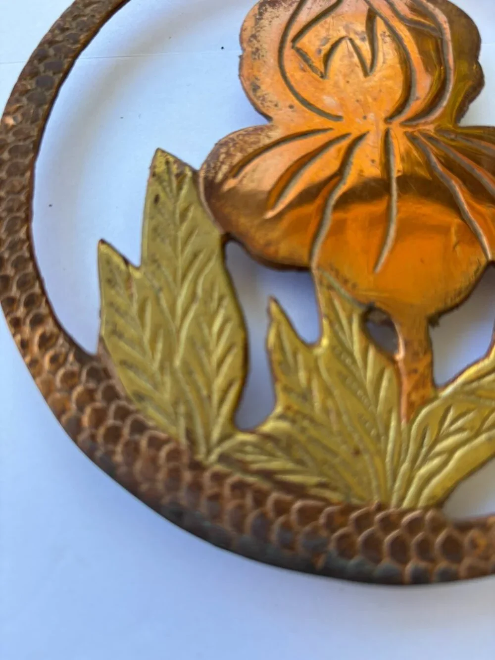 Vintage Mixed Metal Copper Brass Iris Flower Round Trivet Wall Decor Made in Ind